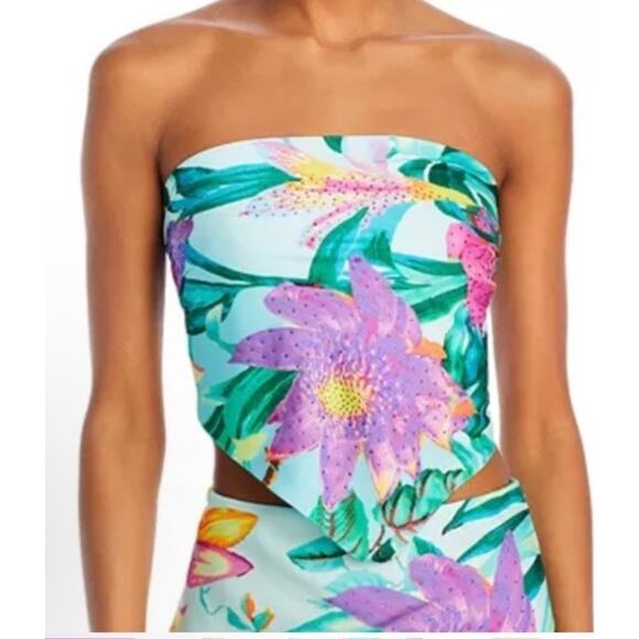 Rococo Sand Crystal Embellished Scarf Top Sz L Tropical Hawaiian NWT $150 MSRP - Picture 1 of 14